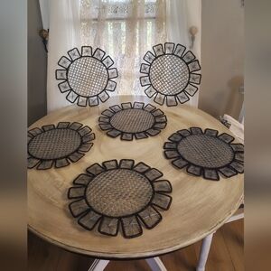 Set of 6 Floral Woven Placemats - Black and Natural
